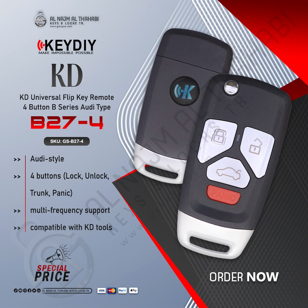 Keydiy KD Universal Flip Key Remote 4 Button B Series B27-4 Audi Type