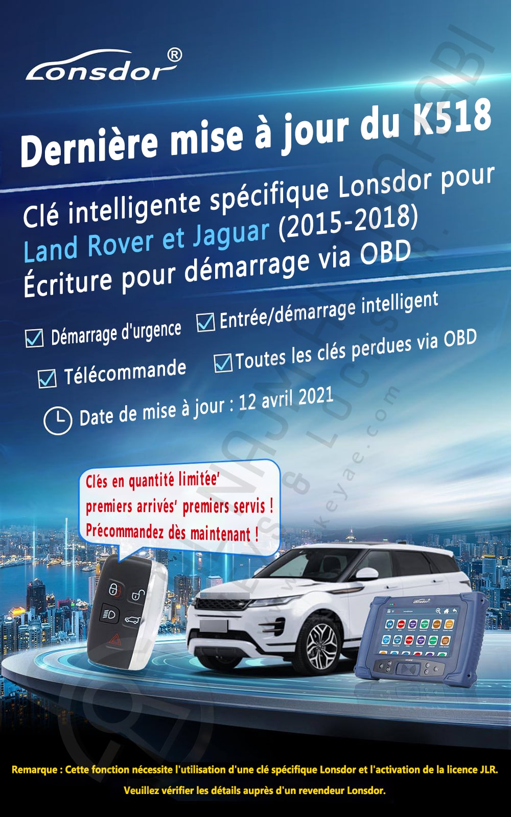 Carte PCB Clé Intelligente Spécifique Lonsdor Land Rover Jaguar JLR 2015-2018 433MHz Écriture pour Démarrage via OBD