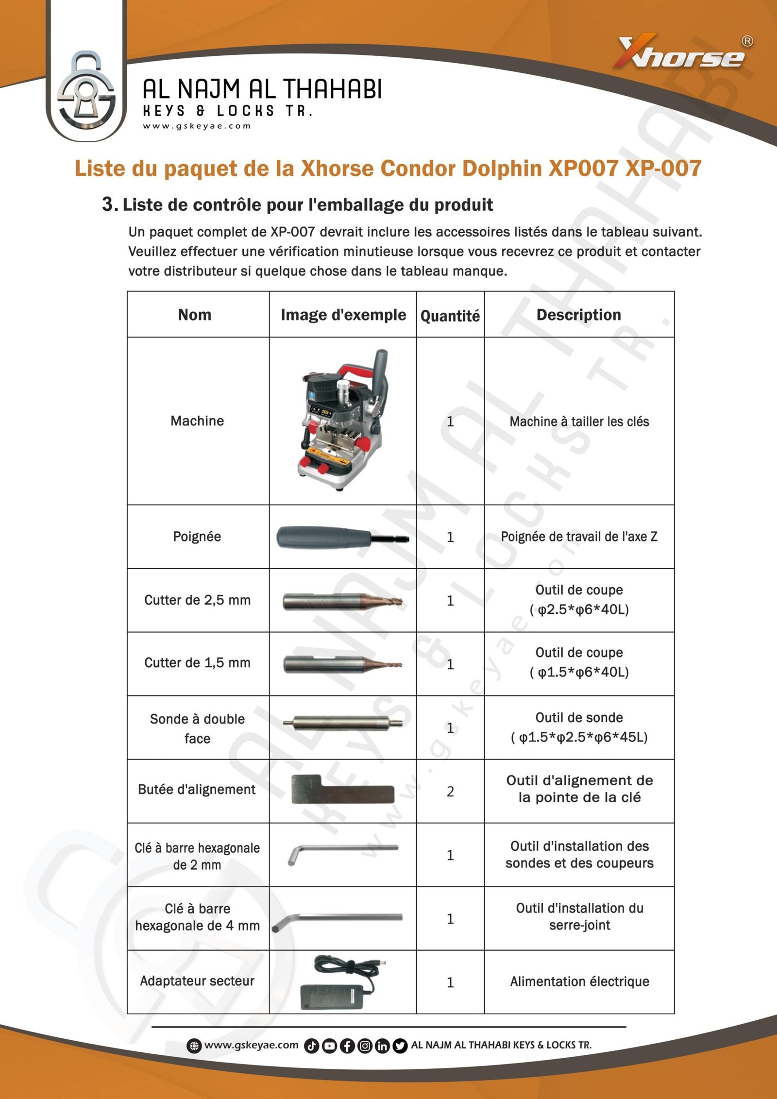 Liste du paquet de la Xhorse Condor Dolphin XP007 XP-007