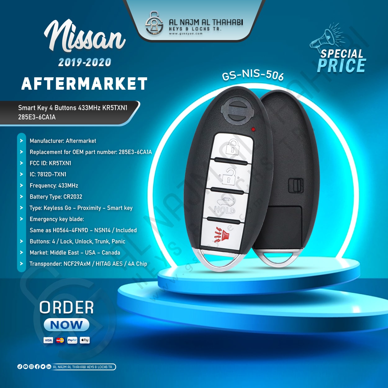 Nissan Smart Key 4 Button 433MHz KR5TXN1 285E3-6CA1A Aftermarket