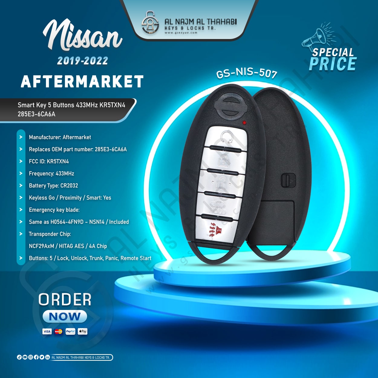 Nissan Smart Key 5 Button 433MHz KR5TXN4 285E3-6CA6A Aftermarket