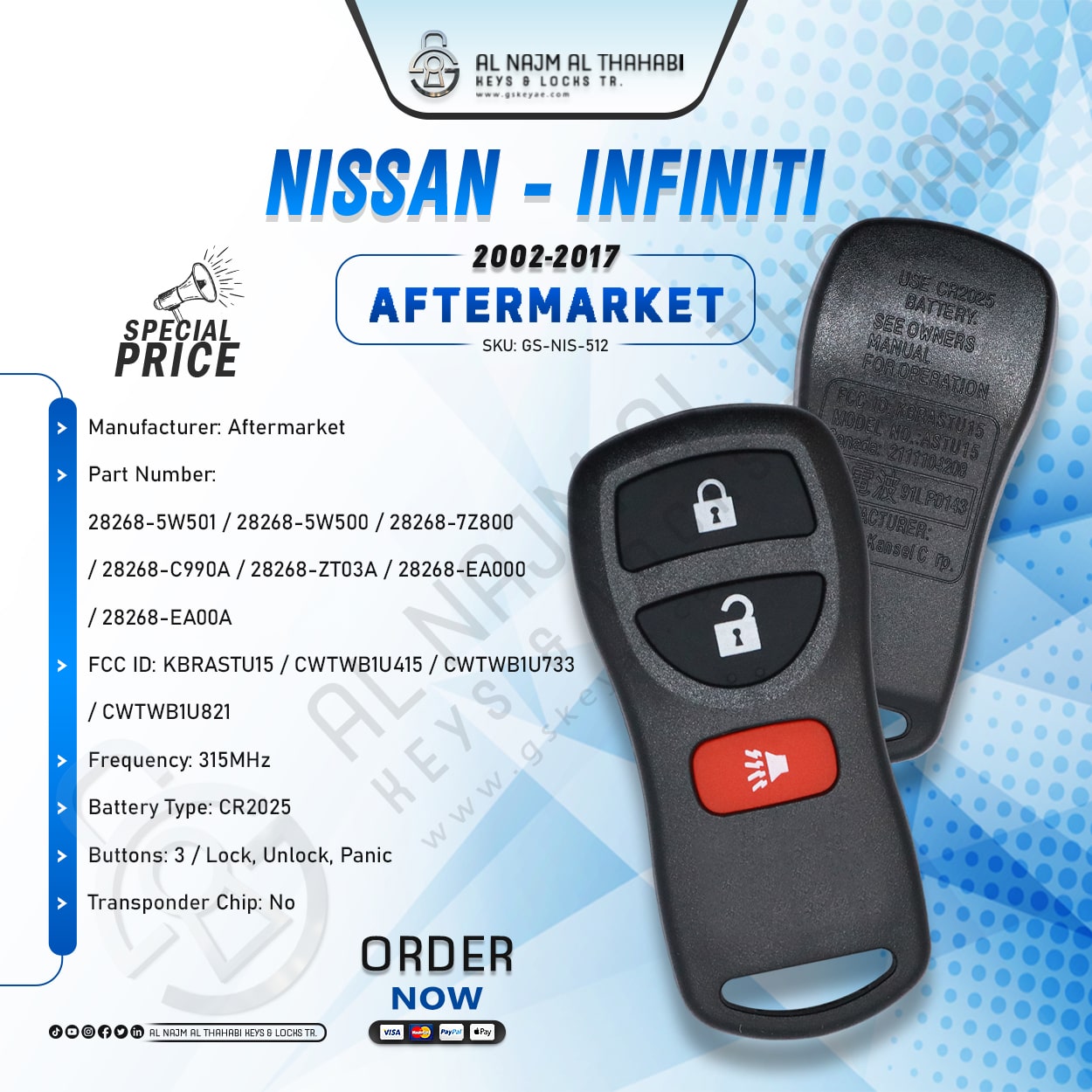 Nissan Infiniti Remote 3 Button 315MHz CWTWB1U415 28268-EA00A Aftermarket