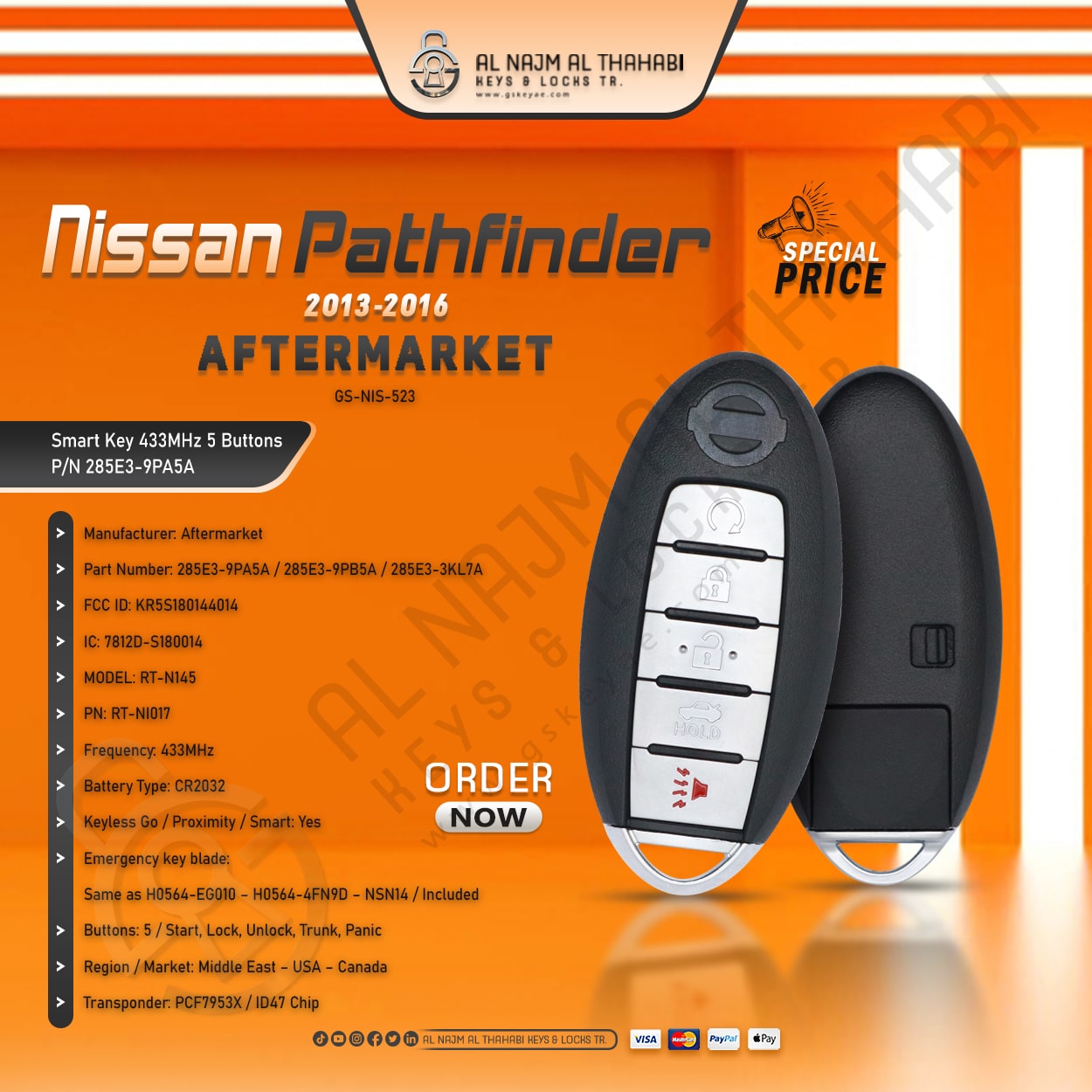 Nissan Pathfinder Smart Key 433MHz 5 Button 285E3-9PA5A Aftermarket