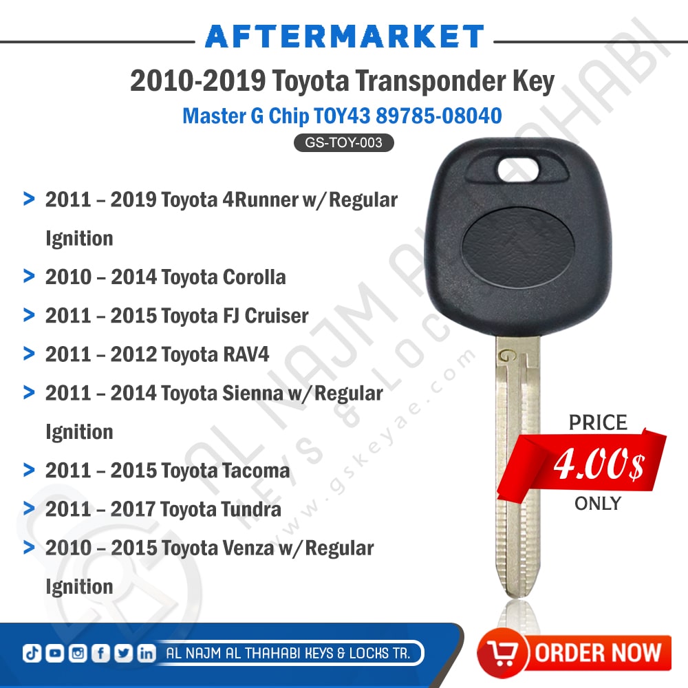 Toyota Transponder Key Master G Chip Key TOY43 89785-08040