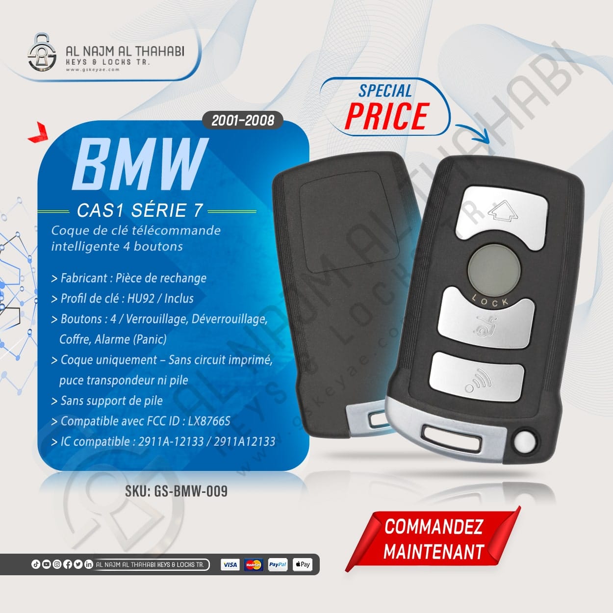 Coque de clé télécommande intelligente BMW CAS1 Série 7 (2001-2008) 4 boutons