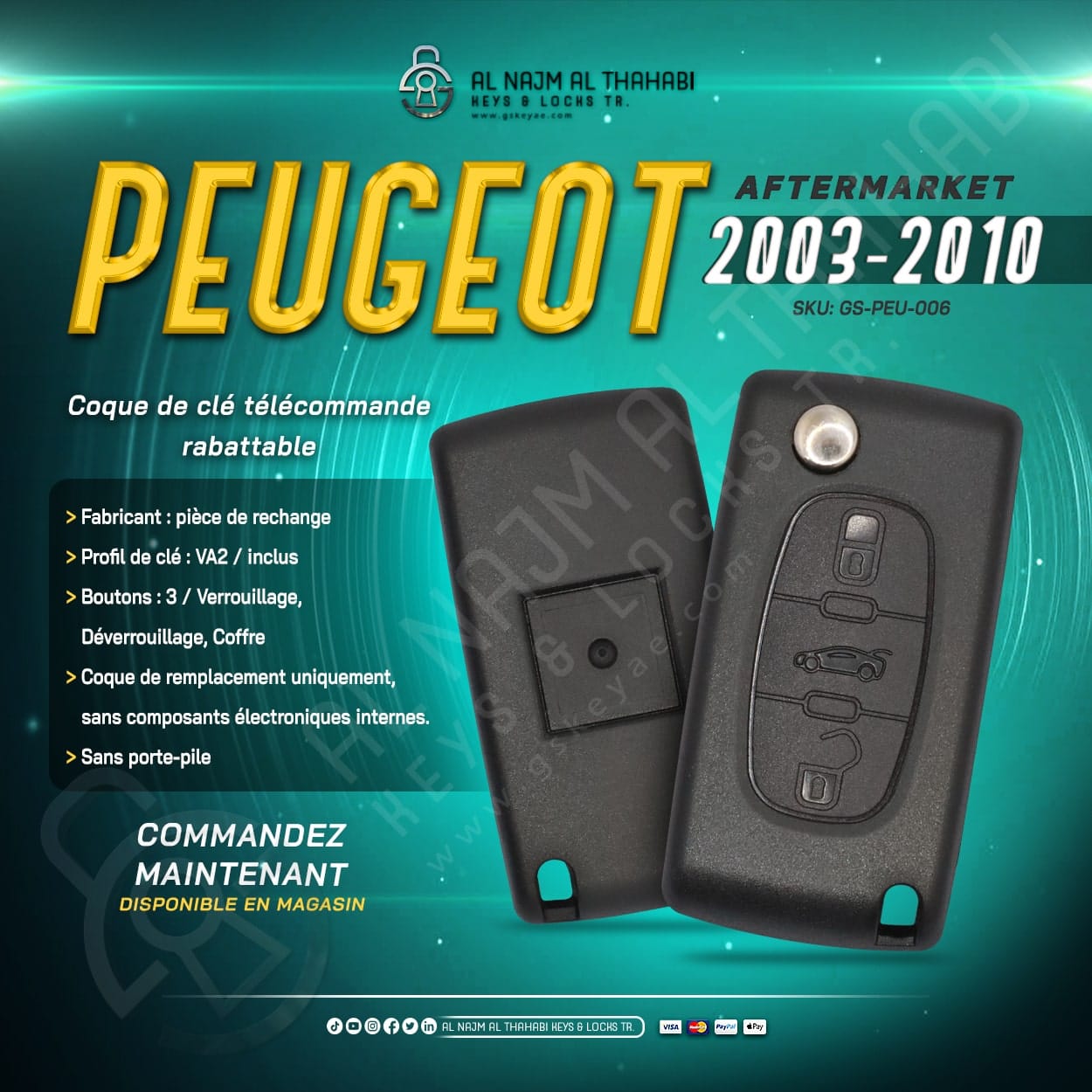 Coque de clé télécommande rabattable Peugeot 2003-2010 3 boutons lame VA2 (4)
