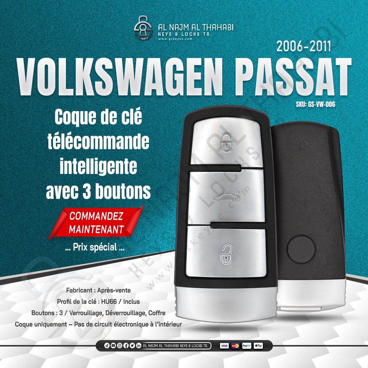 Coque de clé télécommande intelligente VW Volkswagen Passat 2006-2011 3 boutons