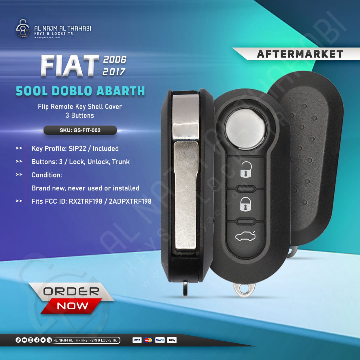 Fiat 500L Doblo Abarth Flip Remote Key Shell Cover 3-Button