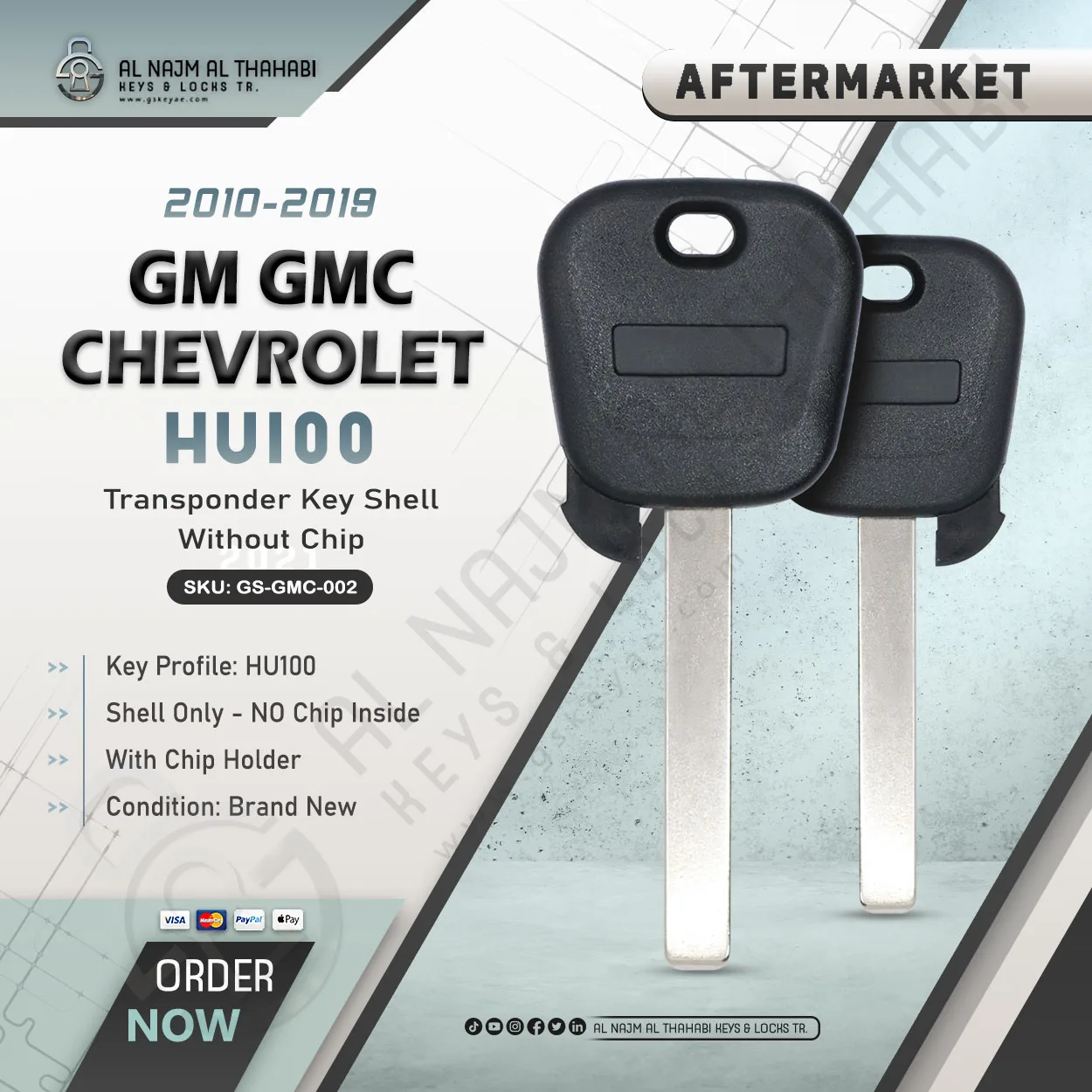 GM GMC Chevrolet HU100 Transponder Key Shell