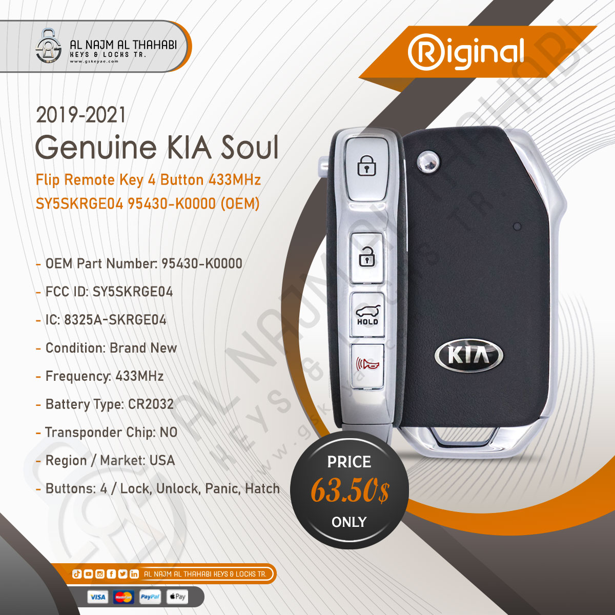 2019-2021 Genuine KIA Soul Flip Remote Key 4 Button 433MHz SY5SKRGE04 95430-K0000