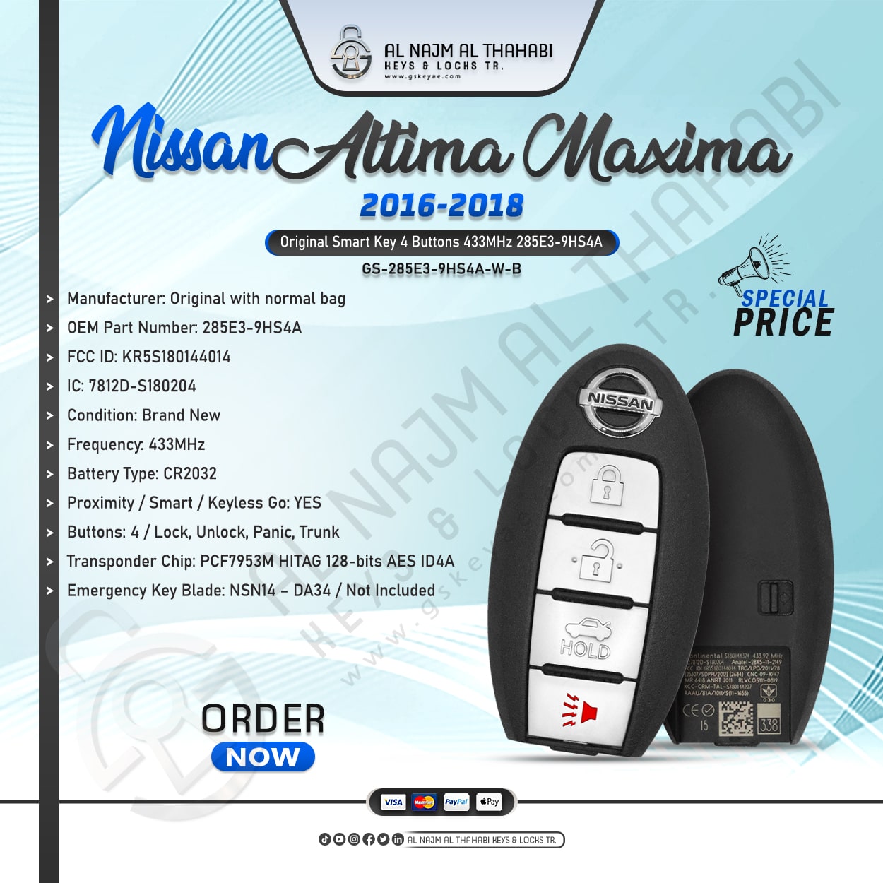 Original Nissan Altima Maxima Smart Key 4 Button 433MHz 285E3-9HS4A