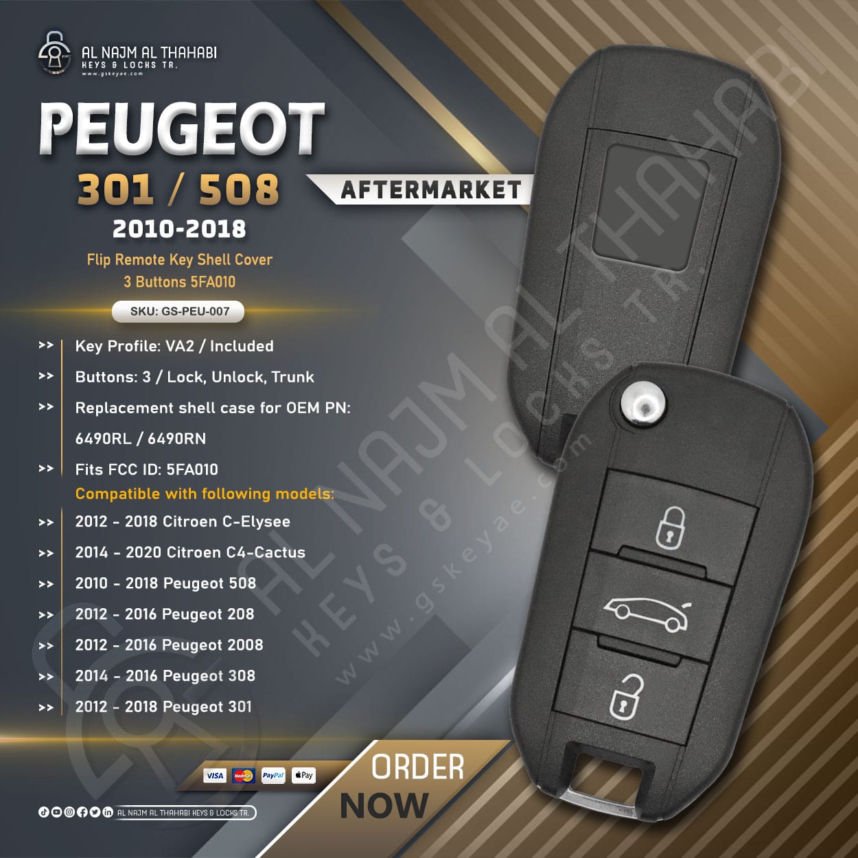 Peugeot 301 / 508 Flip Remote Key Shell Cover 3 Button