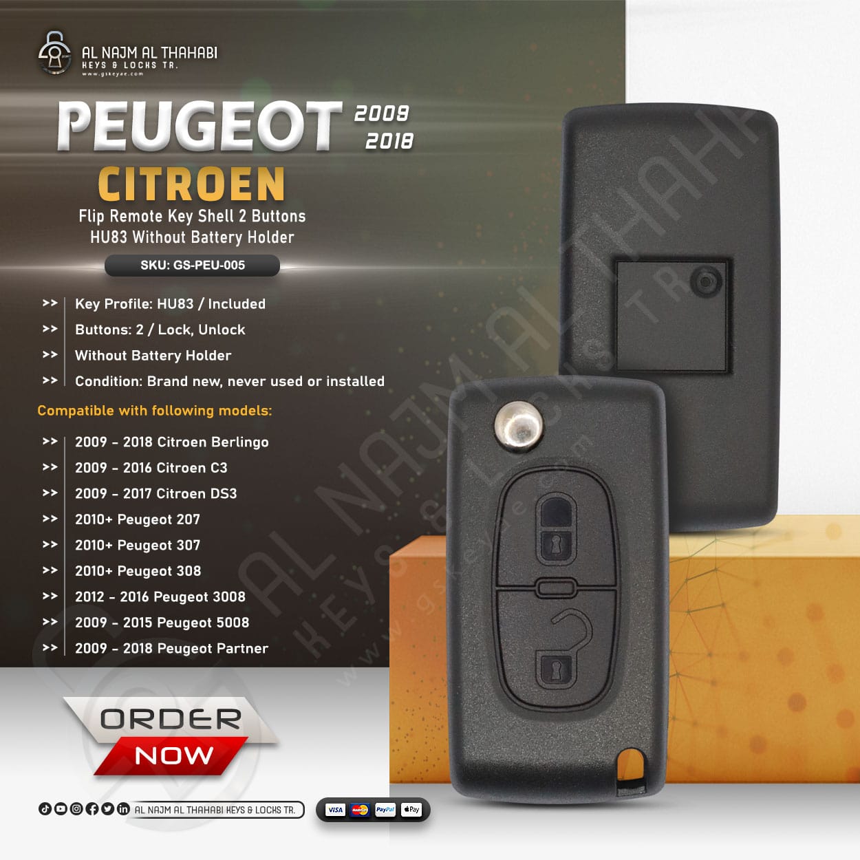 Peugeot Citroen Flip Remote Key Shell 2 Button Without Battery Holder