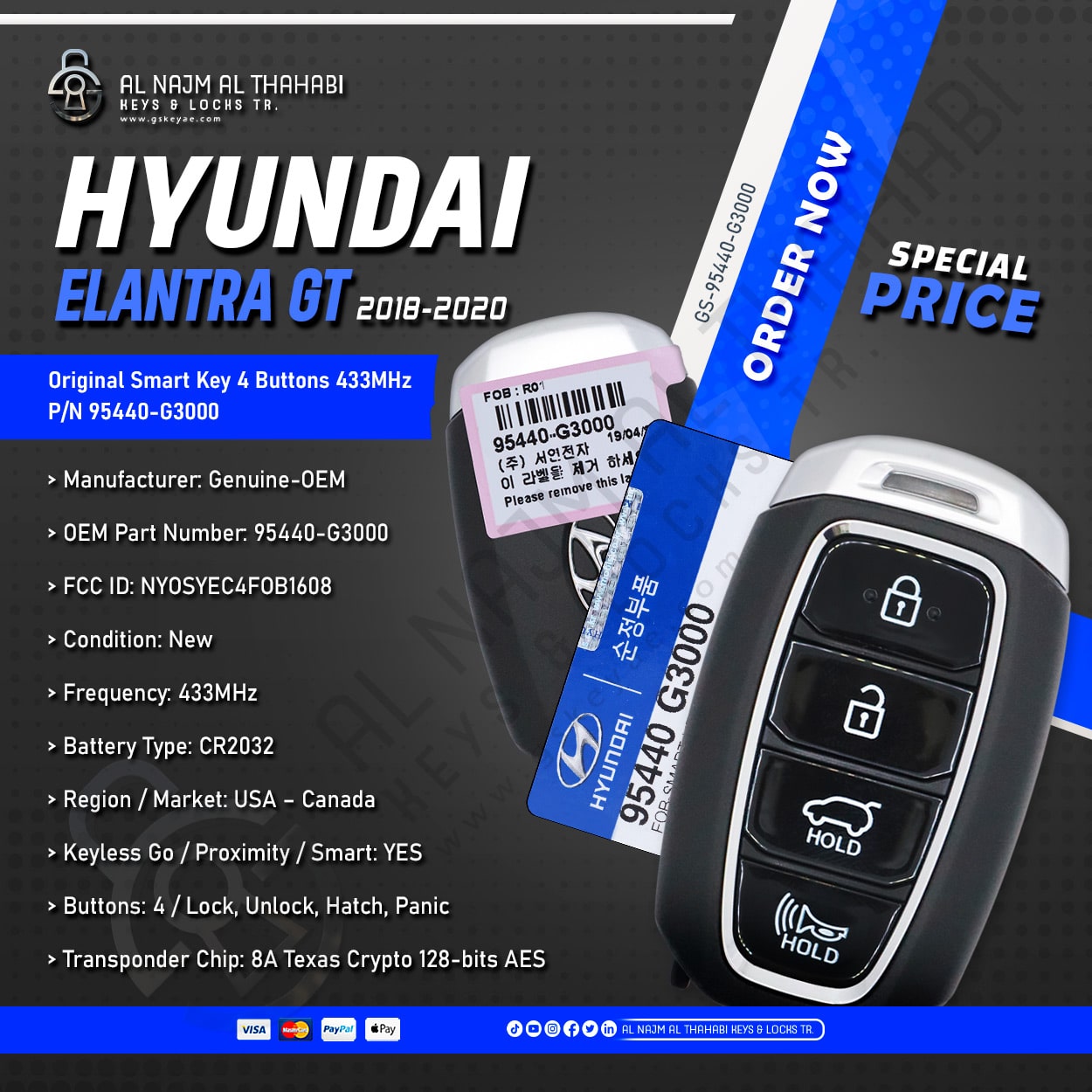 Genuine Hyundai Elantra GT Smart Key 4 Button 433MHz 95440-G3000