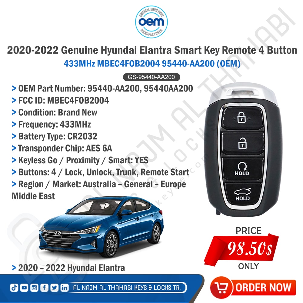 2020-2022 Hyundai Elantra Smart Key Remote 4 Button 433MHz MBEC4FOB2004 95440-AA200 OEM