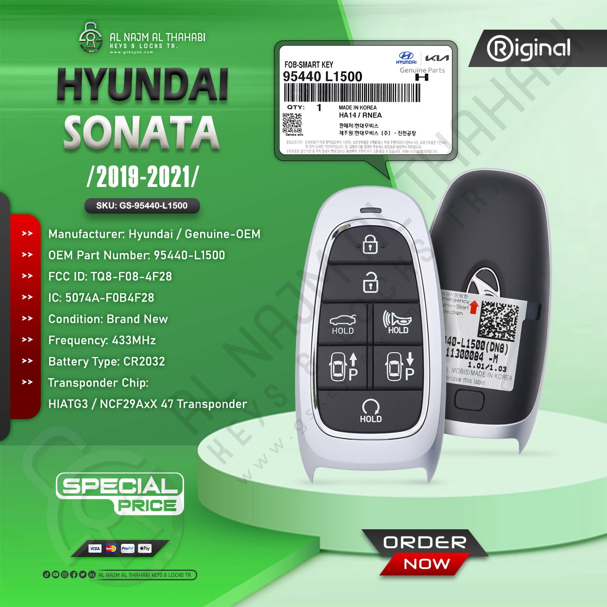 Genuine Hyundai Sonata Smart Key 7 Button 433MHz 95440-L1500 (OEM)