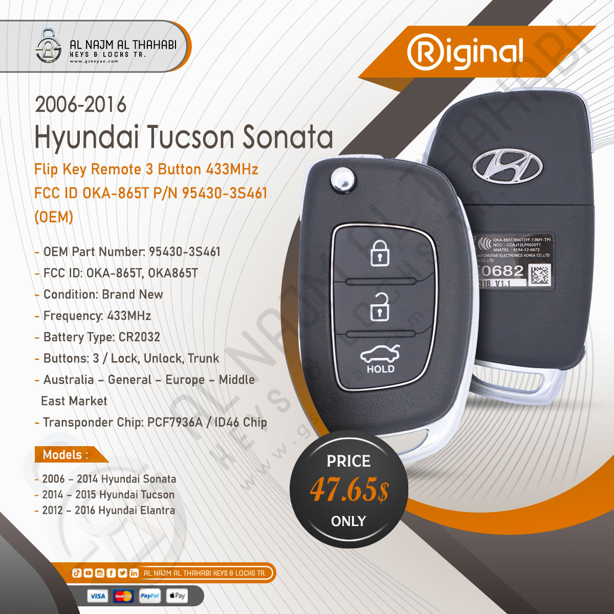 2006-2016 Hyundai Tucson Sonata Flip Key Remote 3 Button 433MHz OKA-865T 95430-3S461