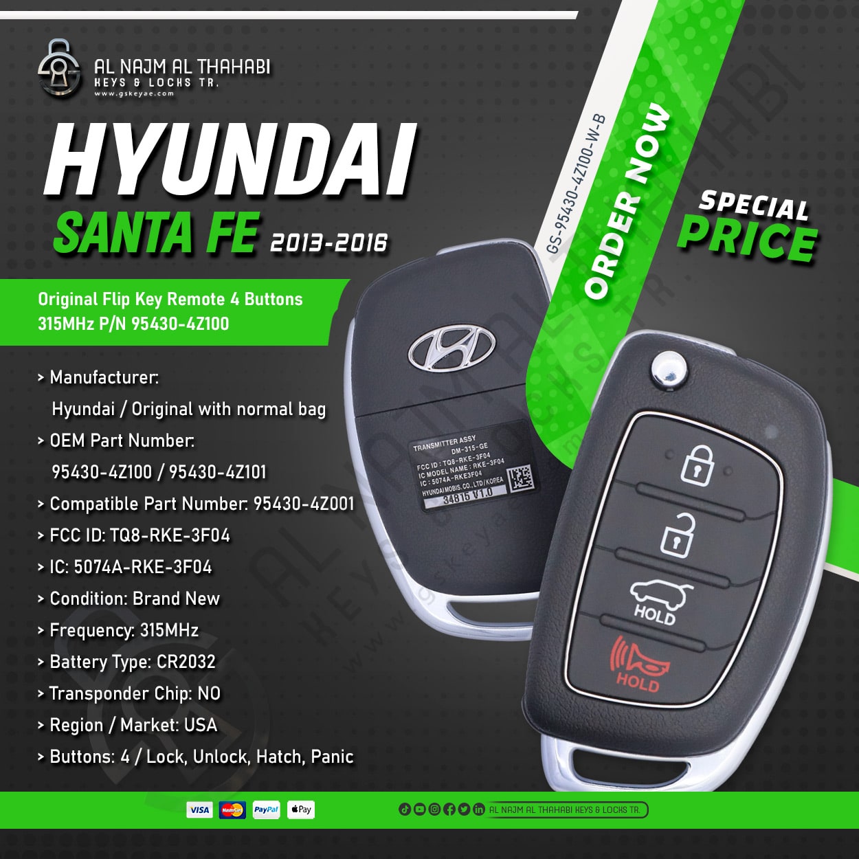 Original Hyundai Santa Fe Flip Key Remote 4 Button 315MHz 95430-4Z100