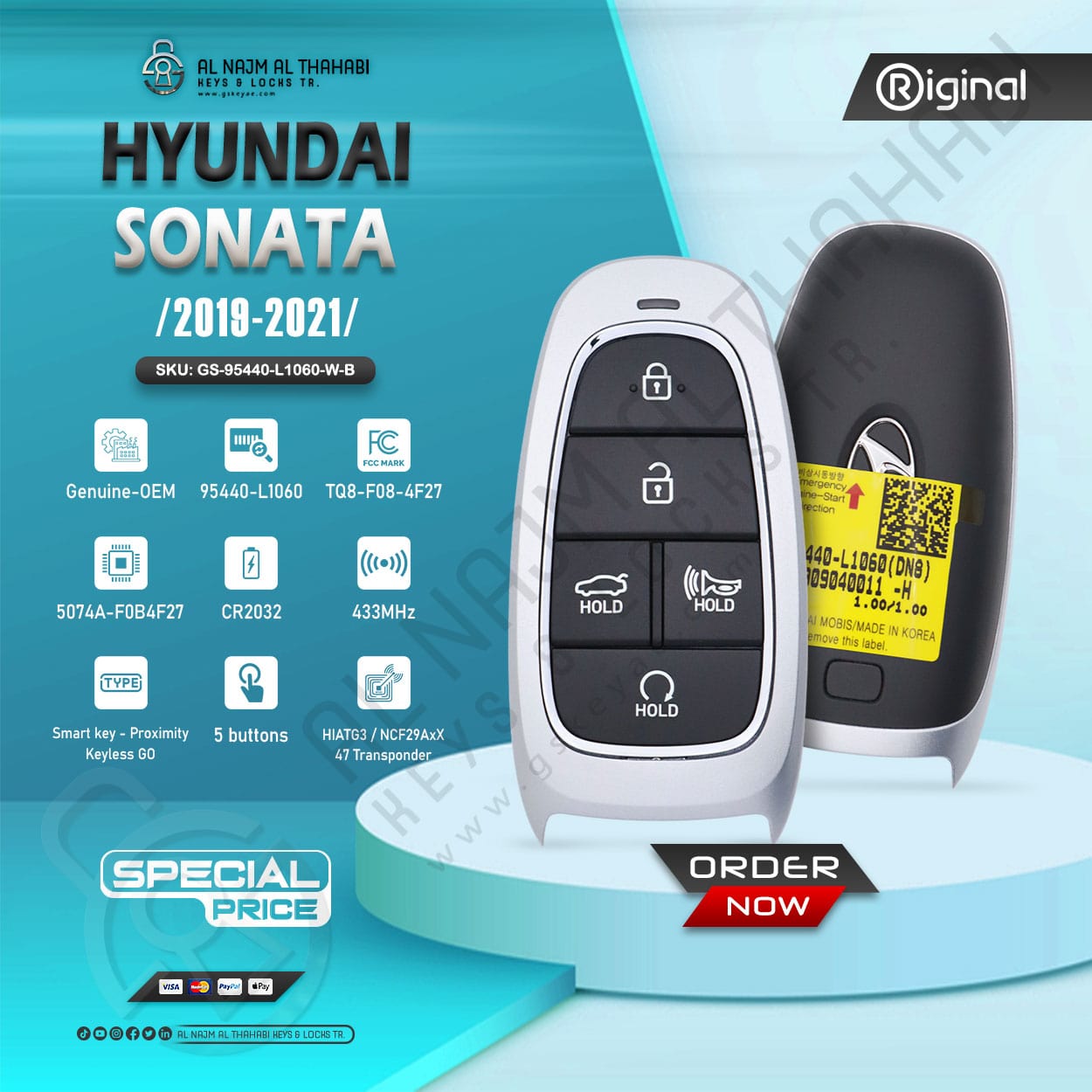 Original Hyundai Sonata Smart Key 5 Button 433MHz 95440-L1060