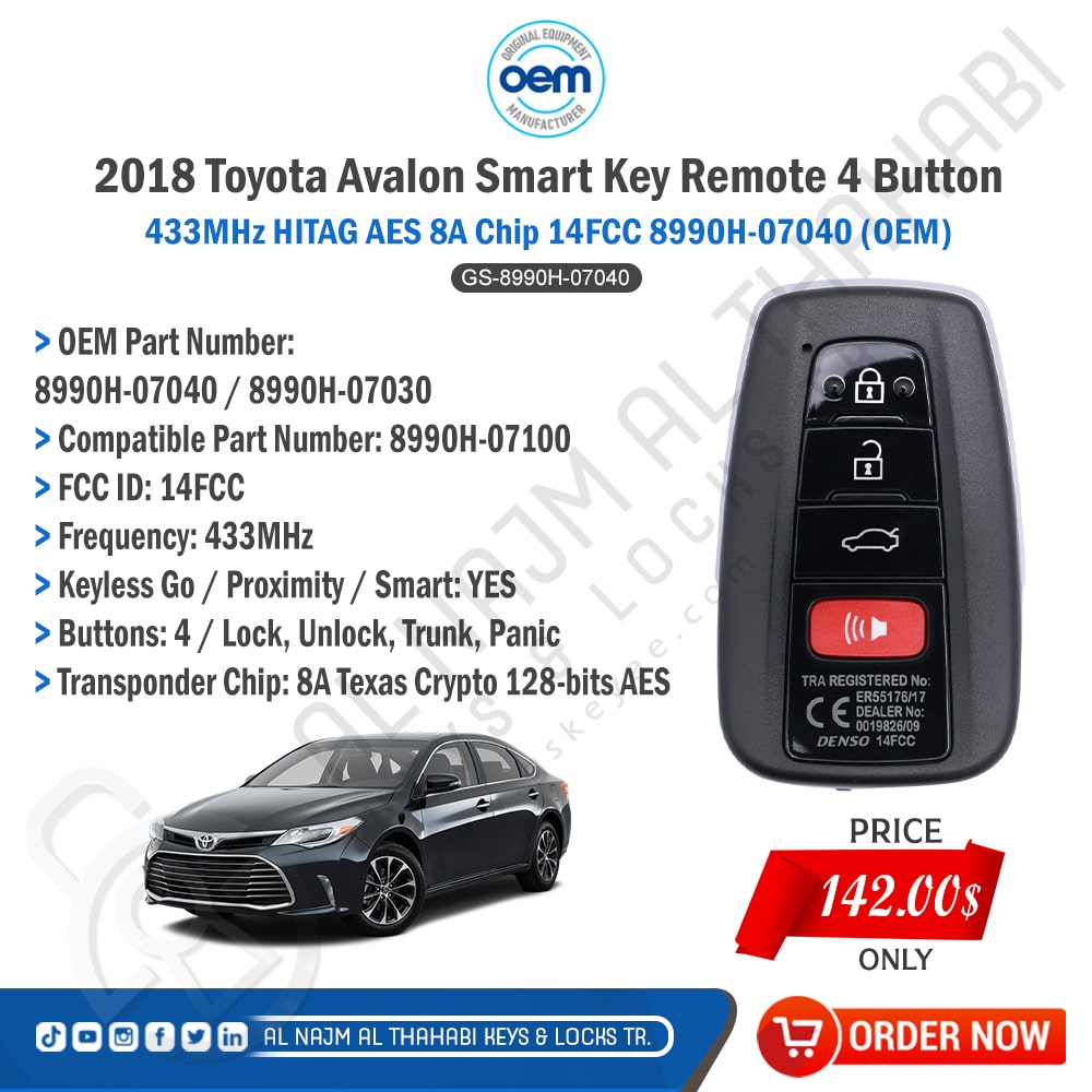 2018 Toyota Avalon Smart Key Remote 4 Button 433MHz 8990H-07040