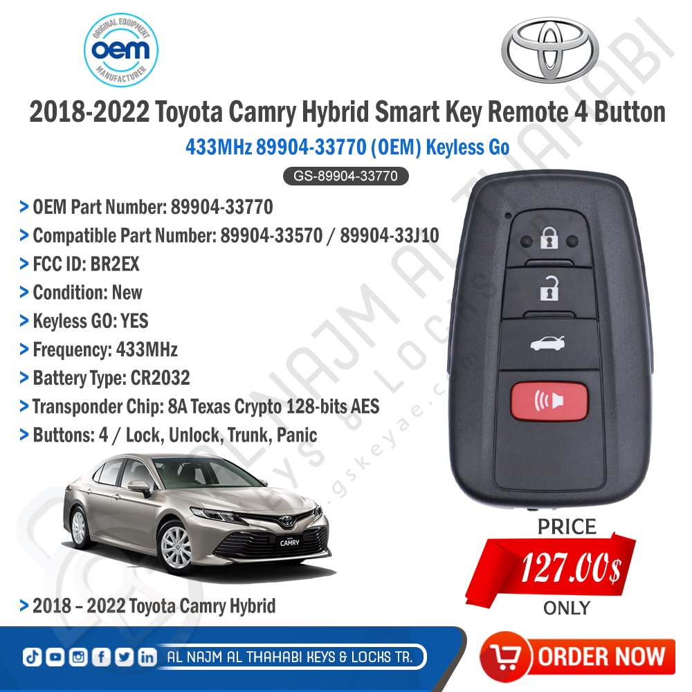 2018-2022 Toyota Camry Hybrid Smart Key Remote 4 Button 433MHz 89904-33770