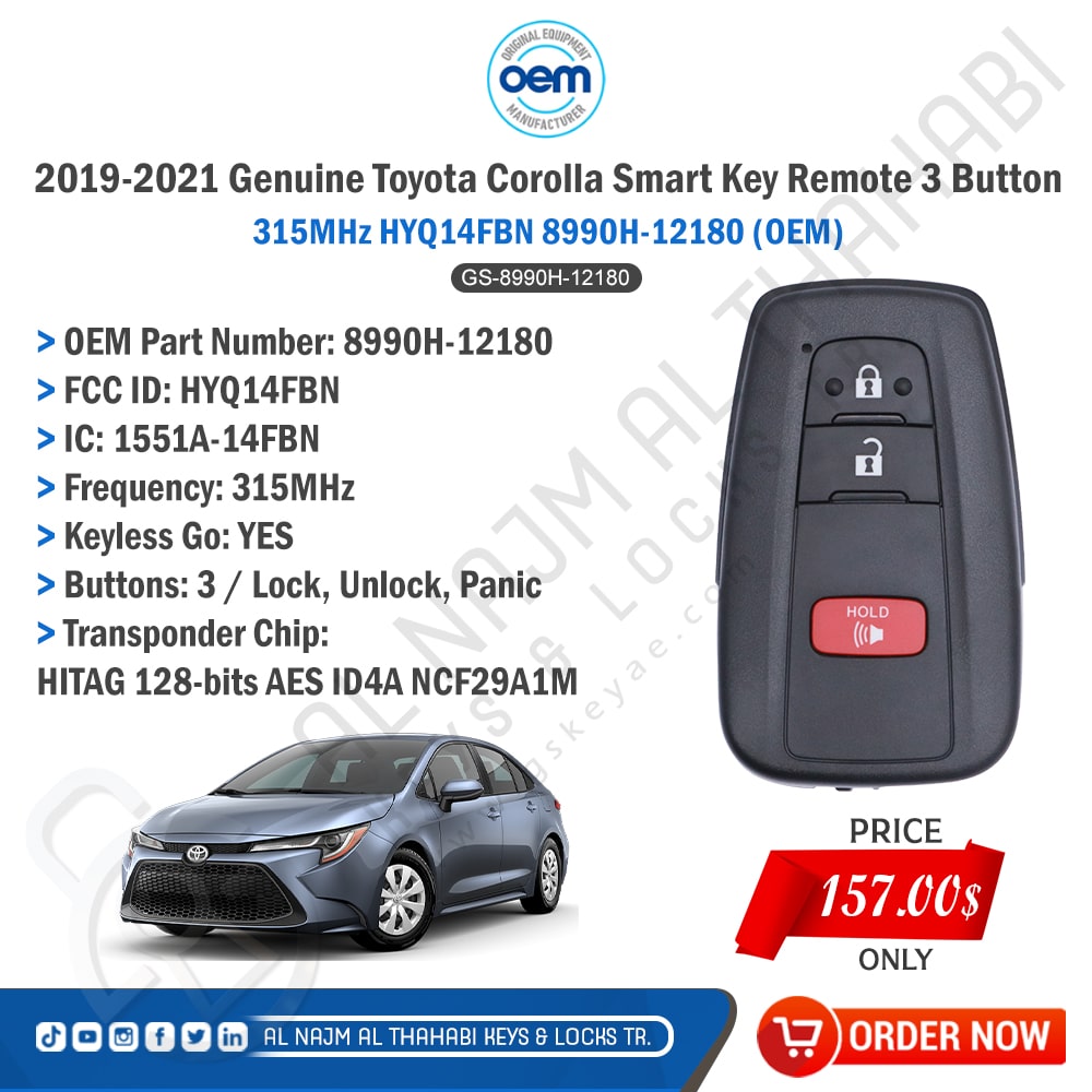 2019-2021 Toyota Corolla Smart Key Remote 3 Button 315MHz 8990H-12180
