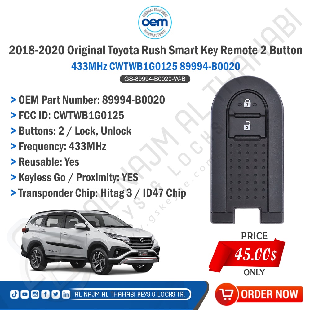 Toyota Rush Smart Key Remote 2 Button 433MHz CWTWB1G0125 89994-B0020