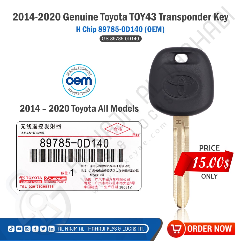 Toyota TOY43 Transponder Key H Chip 89785-0D140