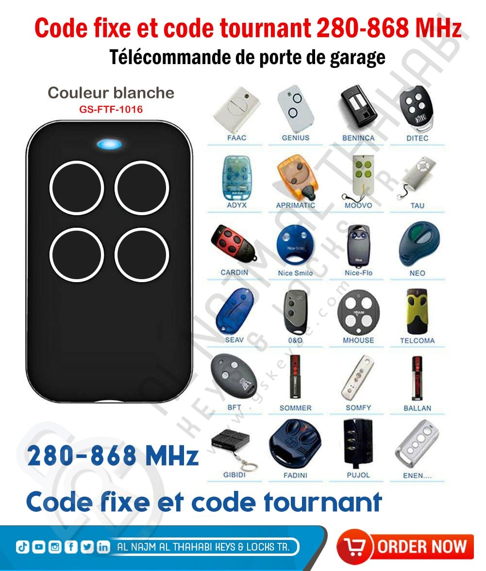 Télécommande Blanche 280-868MHz à Code Fixe/Tournant - Duplicateur à 4 Canaux pour Porte de Garage et Portail