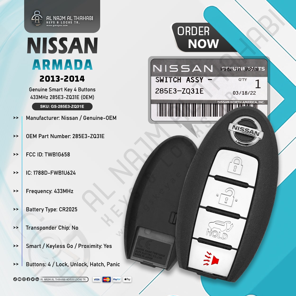 Genuine Nissan Armada Smart Key 4 Button 433MHz 285E3-ZQ31E (OEM)