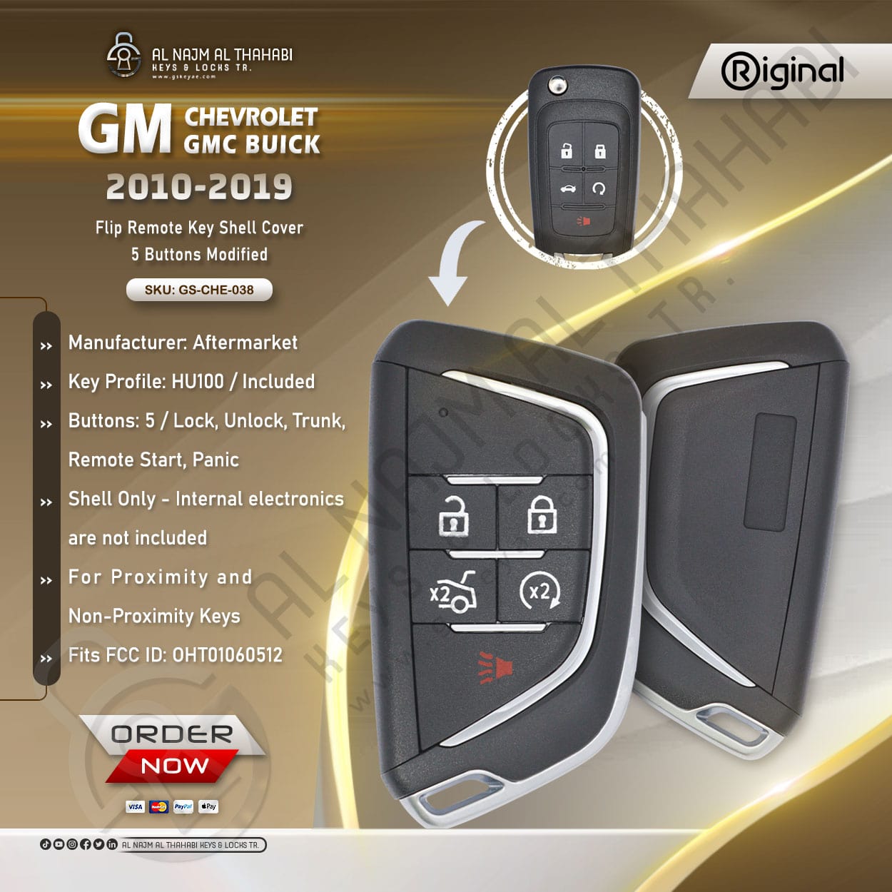 GM Chevrolet GMC Buick Flip Remote Key Shell Cover 5 Button Modified