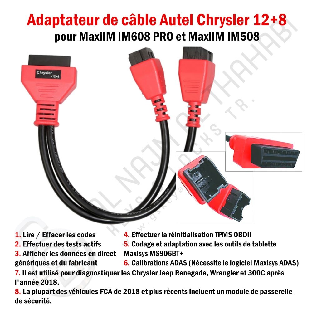 Adaptateur de câble Autel Chrysler 12+8 pour les véhicules Chrysler Dodge Jeep et Fiat (2)