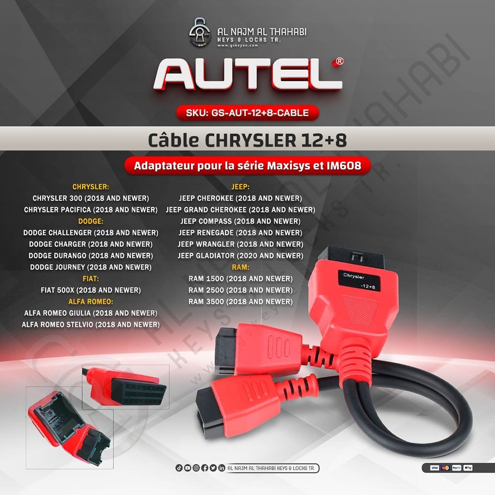 Adaptateur de câble Autel Chrysler 12+8 pour les véhicules Chrysler Dodge Jeep et Fiat (1)