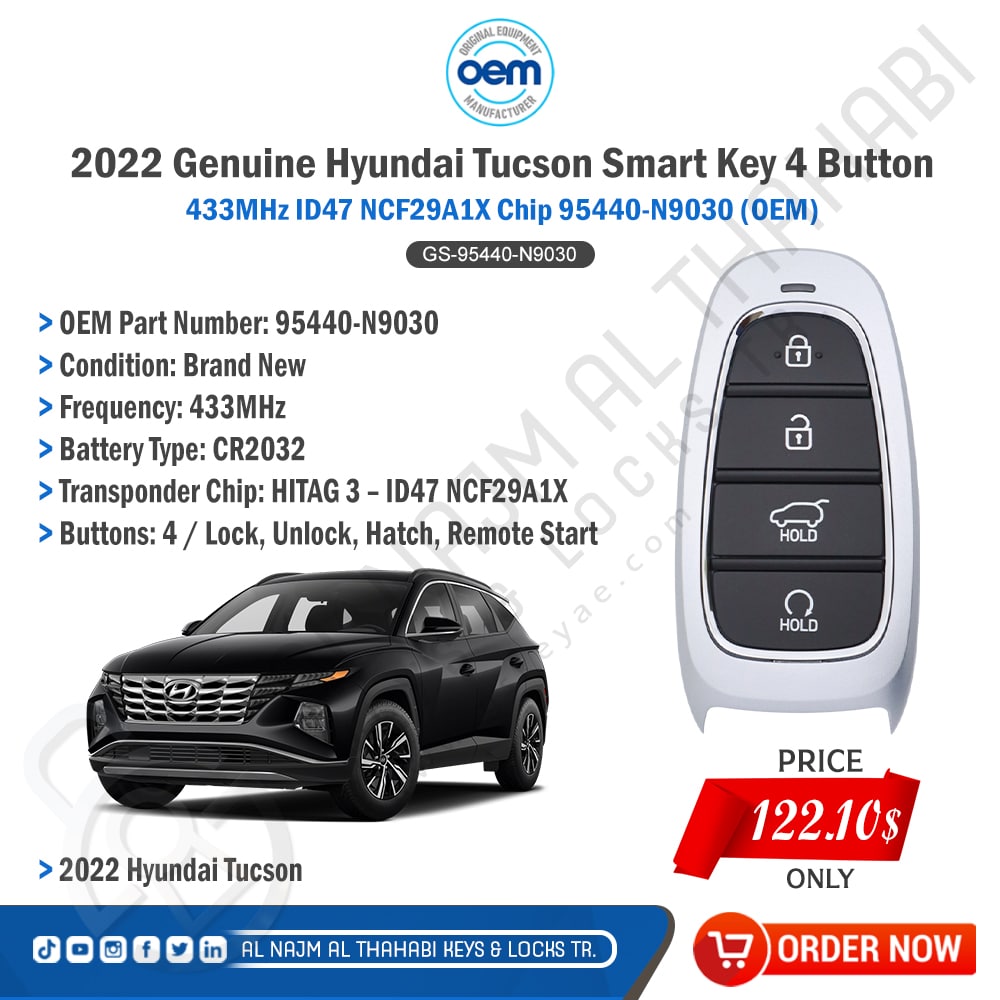 Hyundai Tucson Smart Key 4 Button 433MHz ID47 NCF29A1X Chip 95440-N9030