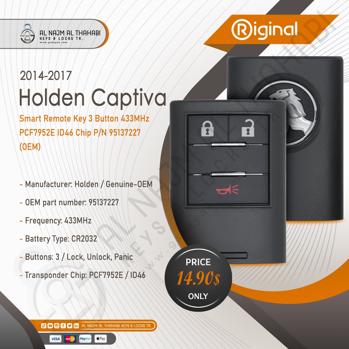 2014-2017 Holden Captiva Smart Key 3 Button 433MHz PCF7952E ID46 Chip 95137227 OEM