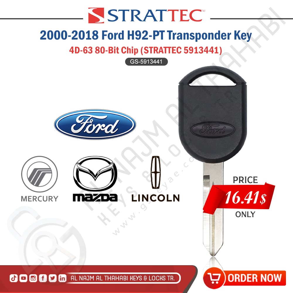 Ford H92-PT Transponder Key 4D-63 80-Bit Chip STRATTEC 5913441)