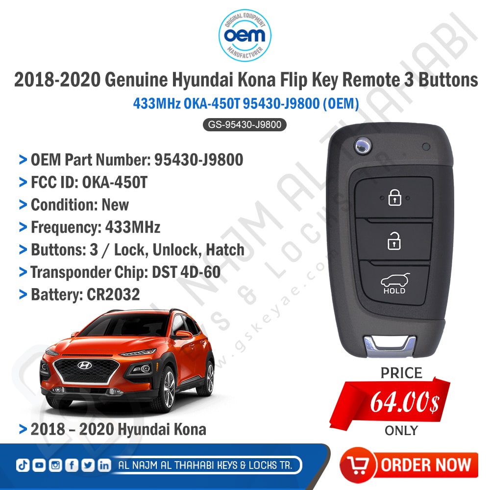Hyundai Kona Flip Key Remote 3 Button 433MHz OKA-450T 95430-J9800