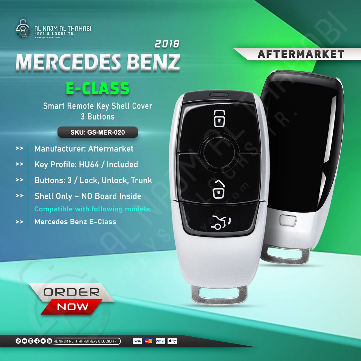 Mercedes Benz E-Class Smart Remote Key Shell Cover 3 Button