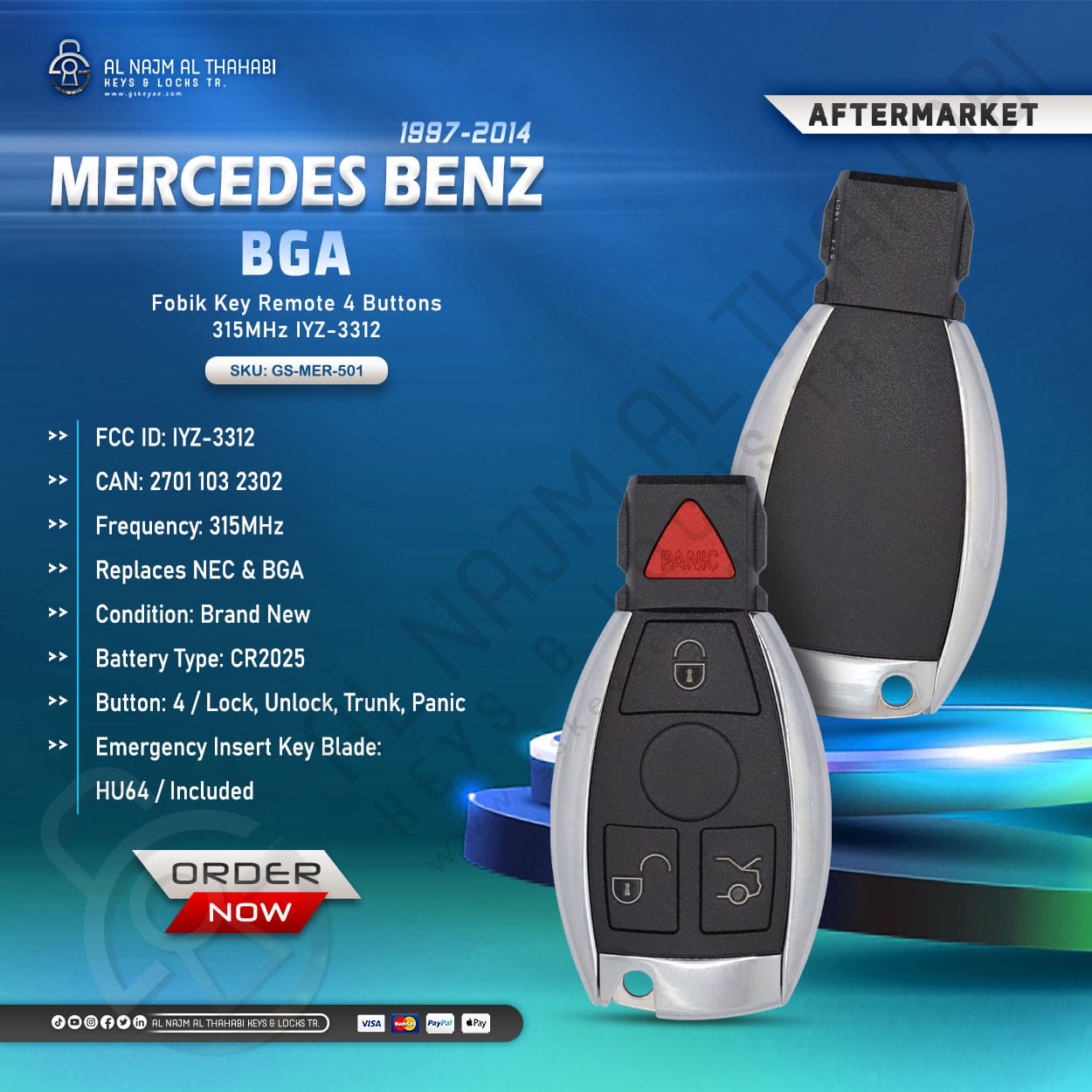 Mercedes Benz BGA Fobik Key Remote 4 Buttons 315MHz IYZ-3312