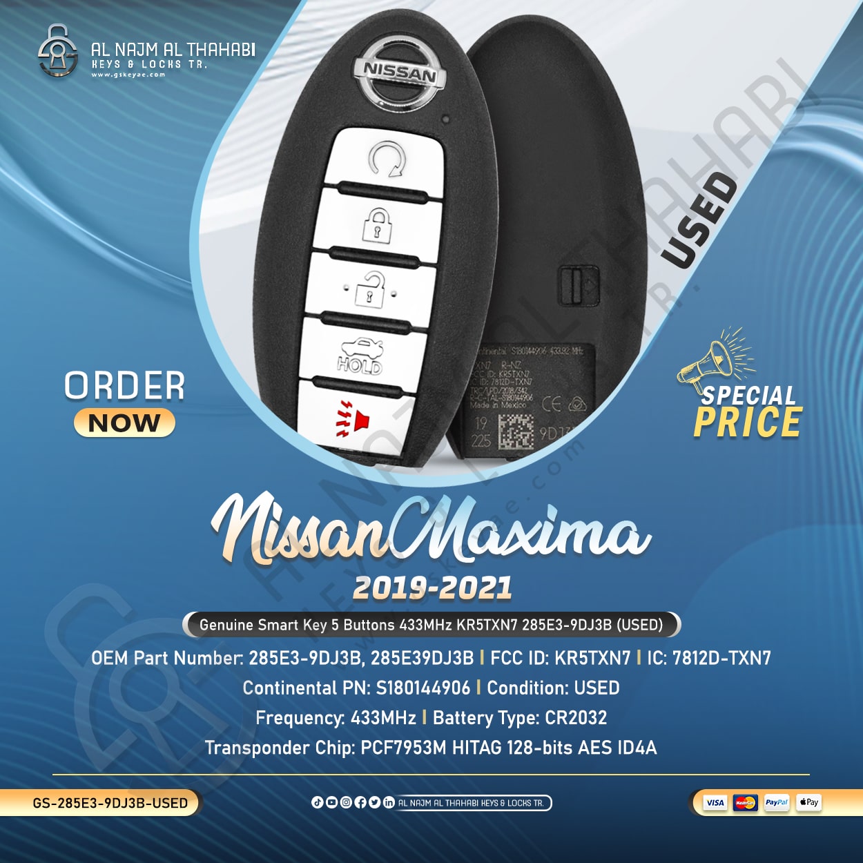 Nissan Maxima Smart Key 5 Button 433MHz KR5TXN7 285E3-9DJ3B (USED)