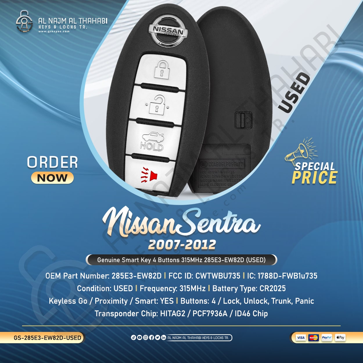 Genuine Nissan Sentra Smart Key 4 Button 315MHz 285E3-EW82D (USED)