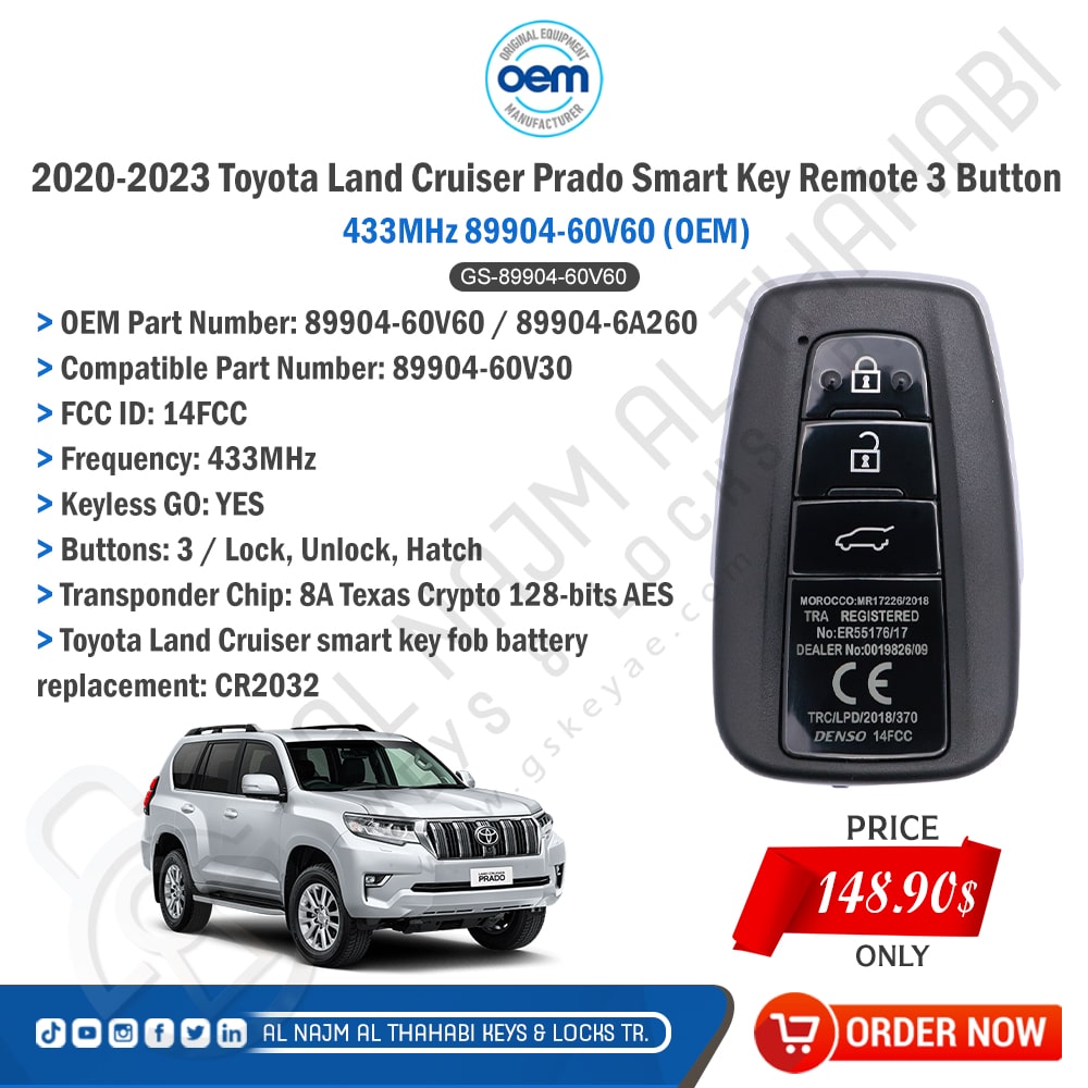 2020-2023 Toyota Land Cruiser Prado Smart Key Remote 3 Button 433MHz 89904-60V60