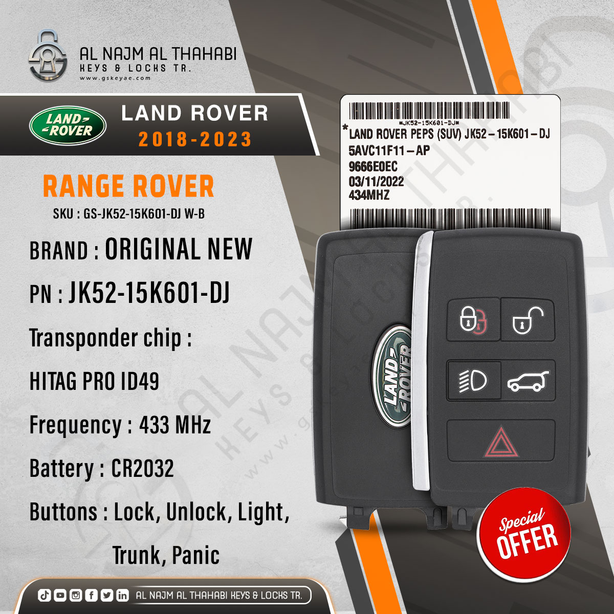 2018-2023 Genuine Land Rover Range Rover Smart Key 433MHz 5 Button JK52-15K601-DJ