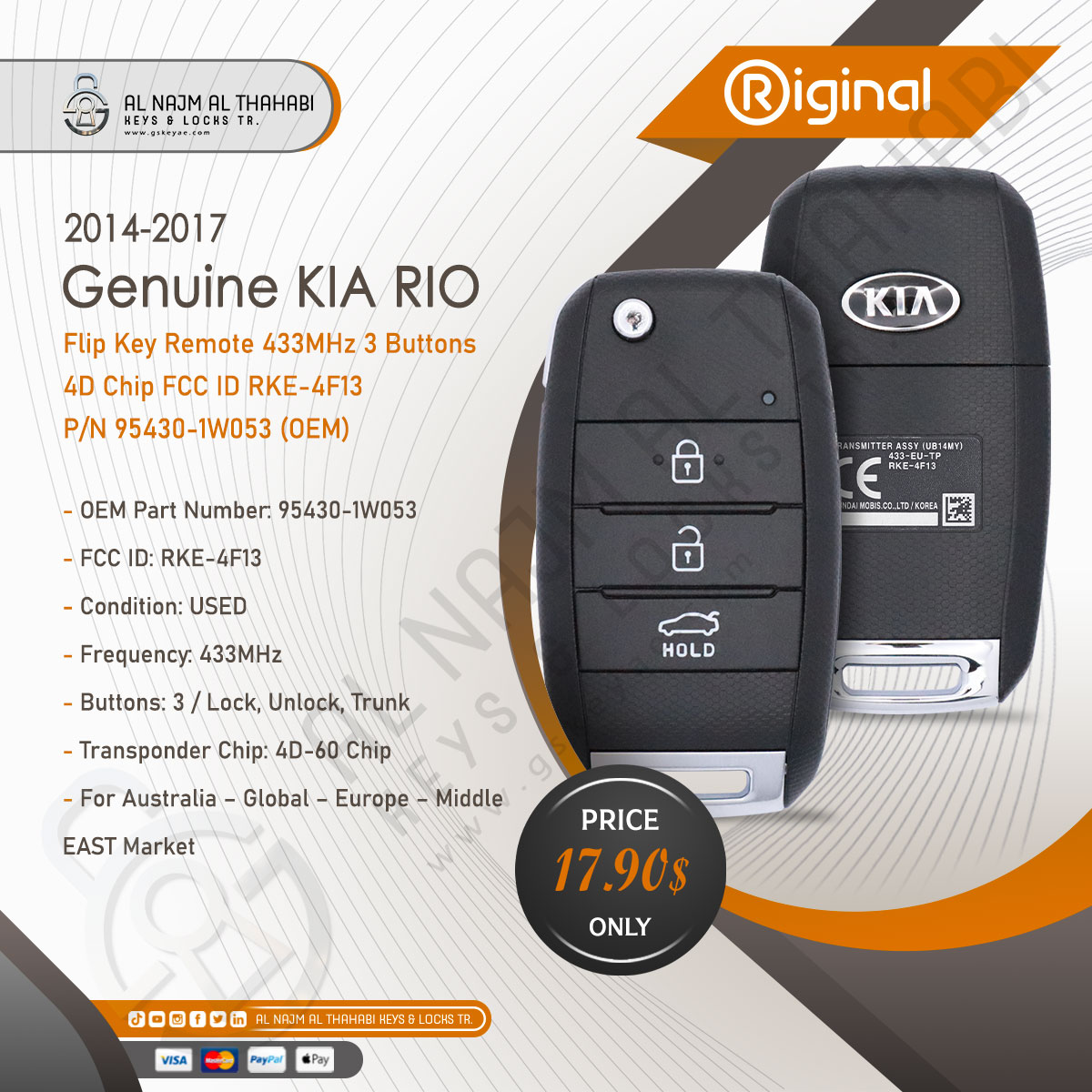 2014-2017 KIA Rio Flip Key Remote 433MHz 3 Button 4D Chip RKE-4F13 95430-1W053