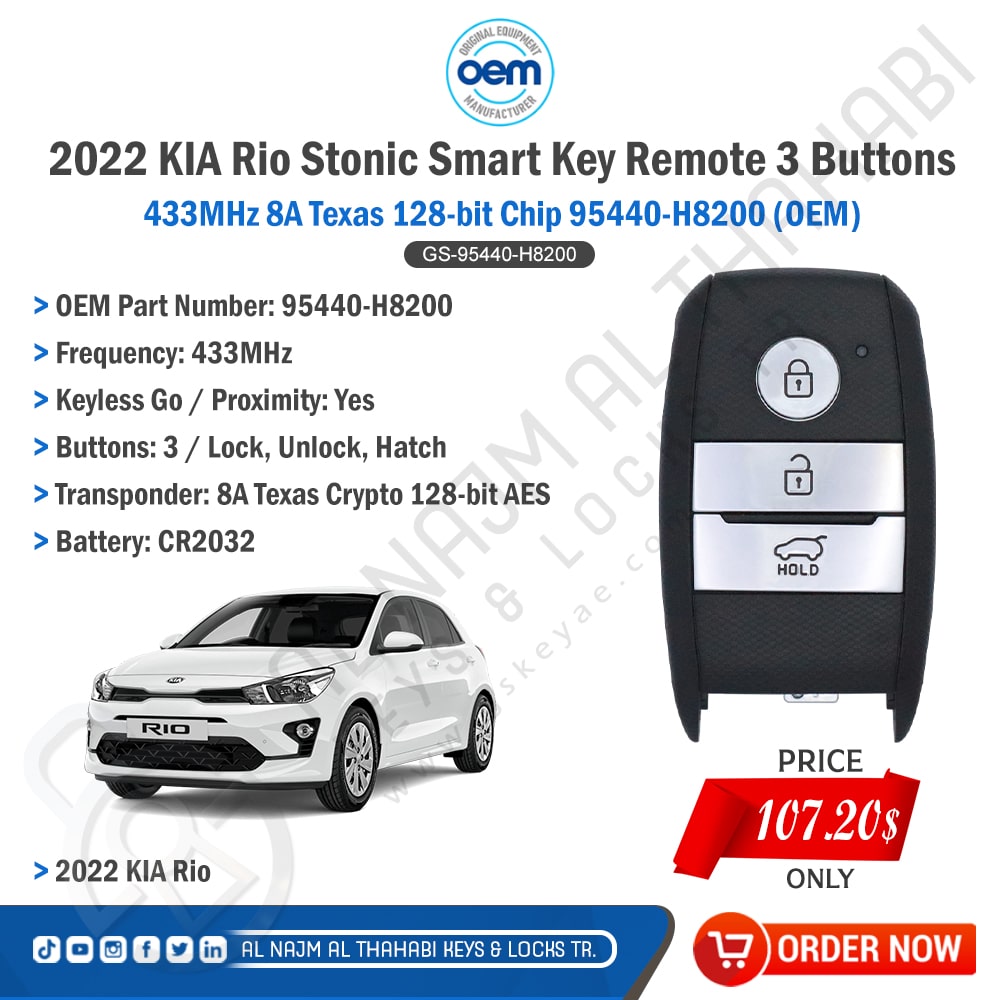 KIA Rio Stonic Smart Key Remote 3 Button 433MHz 8A Texas 128-bit Chip 95440-H8200