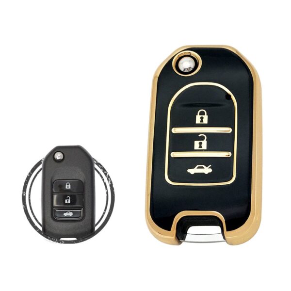 TPU Key Cover Case For Honda Flip Key Remote 3 Button BLACK GOLD Color
