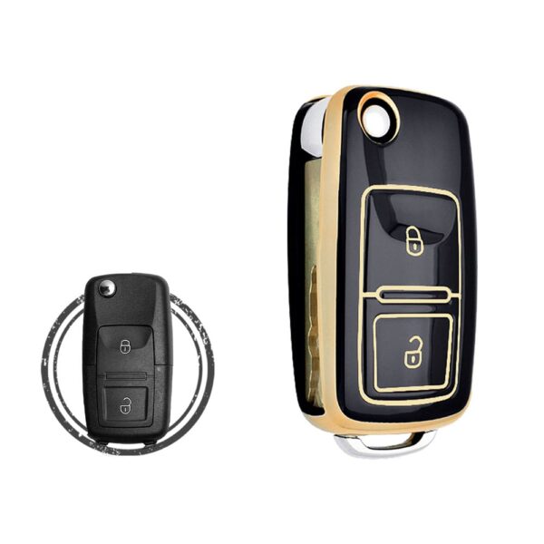 TPU Key Cover Case For Volkswagen VW Flip Key Remote 2 Button BLACK GOLD Color