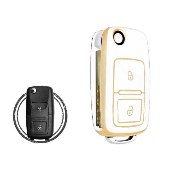 TPU Key Cover Case For Volkswagen VW Flip Key Remote 2 Button WHITE GOLD Color