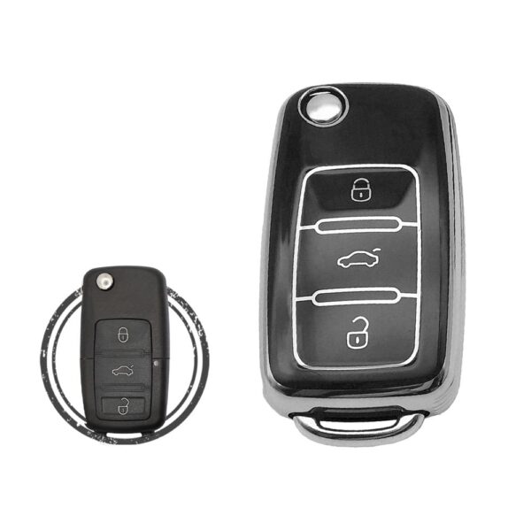 TPU Key Cover Case For Volkswagen VW Flip Key Remote 3 Button Black Chrome Color