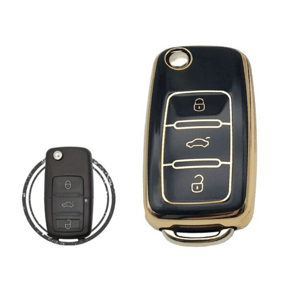 TPU Key Cover Case For Volkswagen VW Flip Key Remote 3 Button BLACK GOLD Color